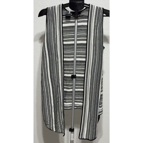 Mary Sophia Long Open Sleeveless Vest White Black Stripes Stretchy Size Medium - Picture 1 of 4